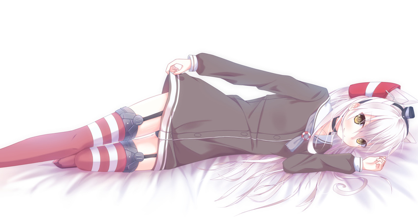 amatsukaze_(kantai_collection) bad_id bad_pixiv_id black_panties blush dress garter_straps green_eyes highres kantai_collection long_hair looking_at_viewer lying nagishiro_mito on_side panties red_legwear sailor_dress short_dress silver_hair skirt_hold smile solo striped striped_legwear thighhighs two_side_up underwear zettai_ryouiki