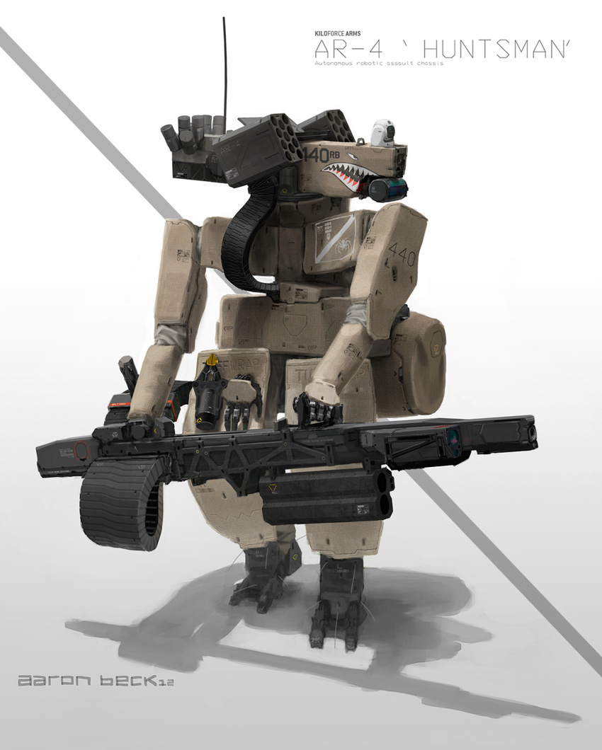 aaron_beck armor artist_name autocannon camera_eyes gun heavy_machine_gun highres machine_gun mecha no_humans original robot war_paint weapon