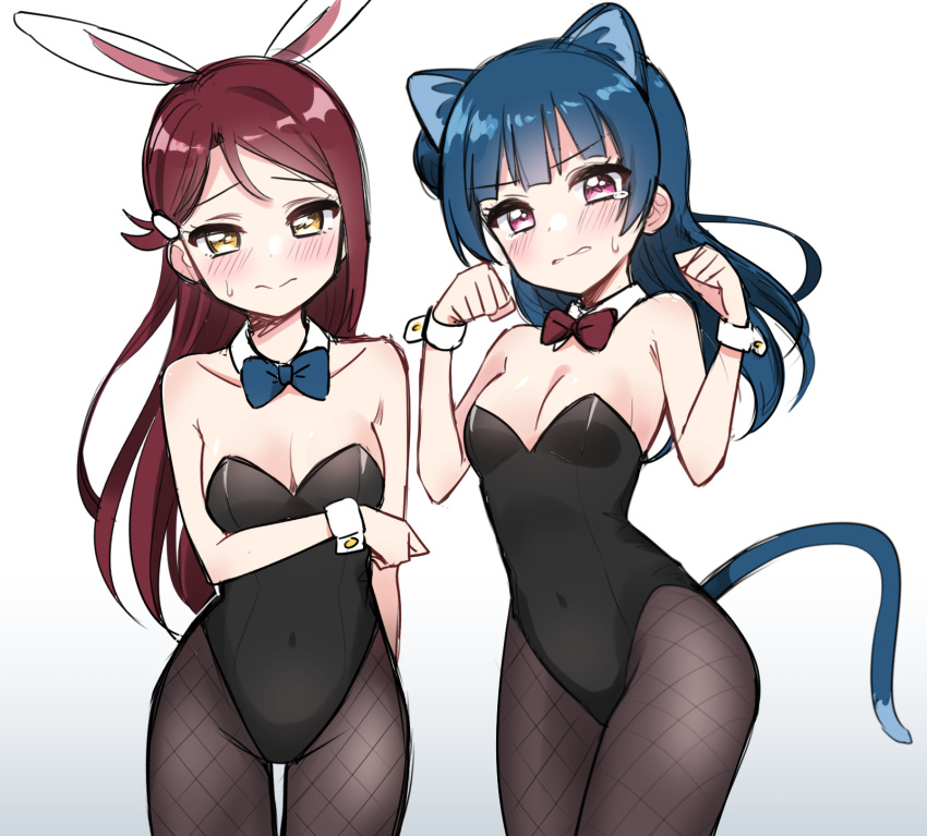 2girls animal_ears arm_at_side bangs black_legwear black_leotard blue_hair blue_neckwear blush bow bowtie breast_hold breasts bunny_ears bunnysuit cat_ears cat_tail cleavage clenched_hand clenched_hands clenched_teeth covered_navel cowboy_shot deadnooodles detached_collar fishnet_pantyhose fishnets frown hair_ornament hairclip hands_up highres leotard long_hair looking_at_viewer love_live! love_live!_sunshine!! medium_breasts multiple_girls pantyhose playboy_bunny_leotard purple_eyes red_hair red_neckwear sakurauchi_riko side_bun sketch strapless strapless_leotard sweatdrop tail tearing_up teeth thigh_gap tsushima_yoshiko white_background wrist_cuffs yellow_eyes