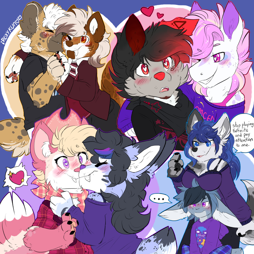 &lt;3 &lt;3_eyes 2019 anthro bambi_adkins bandanna bedroom_eyes big_breasts blush breasts brown_fur canid canine canis chase_vantas cleavage clothed clothing cowboy_hat danny_zuko dialogue dib digital_media_(artwork) domestic_dog english_text equine fangs felid feline female female/female flirting flustered fur group hair half-closed_eyes hat horse hyaenid iroxykun jericho_williams kissing kissing_cheek lagomorph lynx machairodontine male male/female male/male mammal oc:harriet_mcallistair open_mouth pajamas rabbit scarf seductive smile standing sweater text tongue west_militant zebra