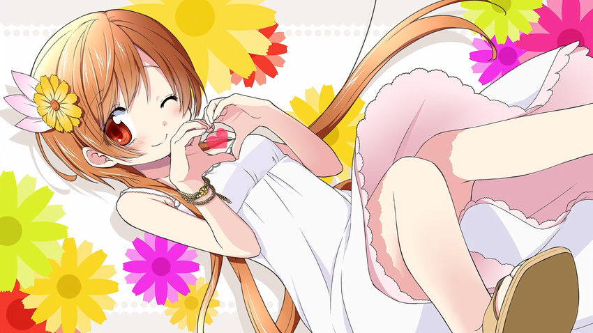 ;) aoki_ume brown_hair dress end_card eyepatch flower hair_flower hair_ornament heart heart_hands highres marigold nisekoi non-web_source one_eye_closed red_eyes sidelocks sleeveless sleeveless_dress smile solo tachibana_marika