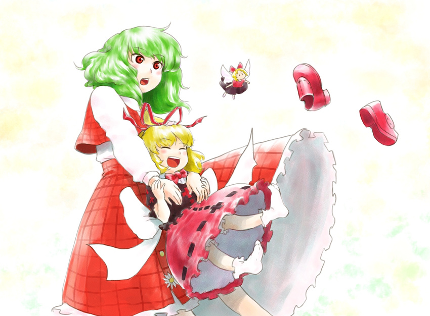 blonde_hair bow closed_eyes dress green_hair hair_bow hug hug_from_behind kazami_yuuka kihou_kanshouzai medicine_melancholy multiple_girls open_mouth plaid plaid_skirt plaid_vest red_eyes shoes shoes_removed short_hair skirt smile socks su-san touhou vest wings