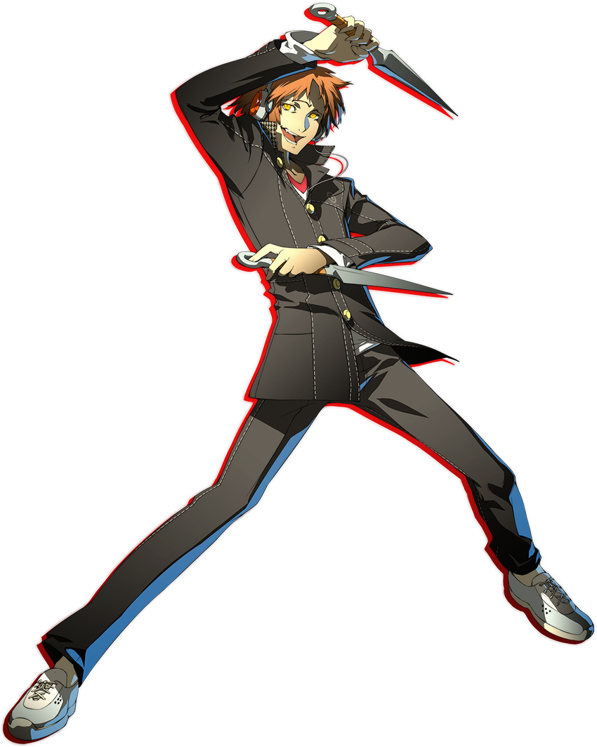 dark_persona drop_shadow dual_wielding fighting_stance full_body hanamura_yousuke headphones highres holding kunai male_focus official_art persona persona_4 persona_4:_the_ultimate_in_mayonaka_arena red_hair school_uniform shadow_(persona) shadow_yousuke soejima_shigenori solo transparent_background weapon