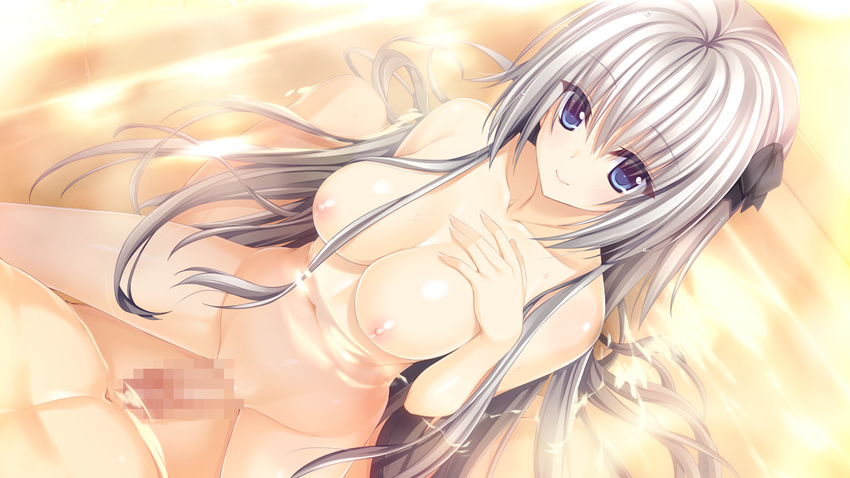 bath bathing blue_eyes blush breasts censored electrichka_sapsan game_cg grinding hair_ribbon hand_on_own_chest hetero large_breasts long_hair mixed_bathing mosaic_censoring navel nipples nude oryou partially_submerged penis pretty_x_cation ribbon silver_hair smile solo_focus underwater_sex very_long_hair water