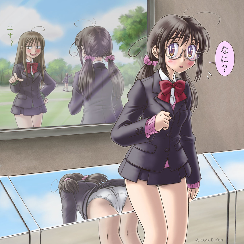 3girls ass blush cat_eyes e-ken glasses looking_at_viewer multiple_girls original outdoors outside panties pointing reflection school_uniform sky slit_pupils translated tree underwear upskirt white_panties window