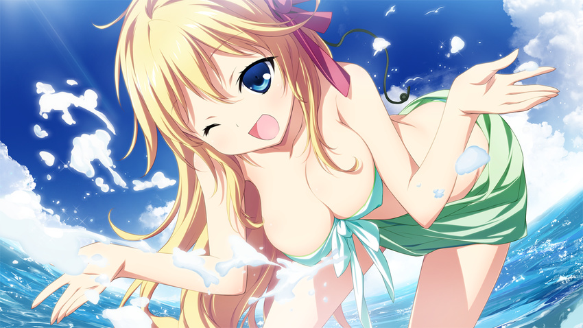 1girl beach bent_over blonde_hair blue_eyes breasts cleavage cloud clouds game_cg large_breasts looking_at_viewer material_brave material_brave_ignition ocean open_mouth ougi_kanae outdoors ribbon sky solo wink