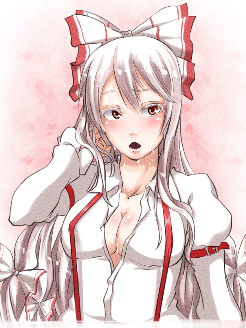 :&lt; :o arm_belt breasts buckle cleavage colored_eyelashes fujiwara_no_mokou hair_ribbon highres kanta_(x-tei) long_hair long_sleeves looking_away medium_breasts open_mouth red_eyes ribbon sideways_glance silver_hair solo suspenders sweat touhou unbuttoned
