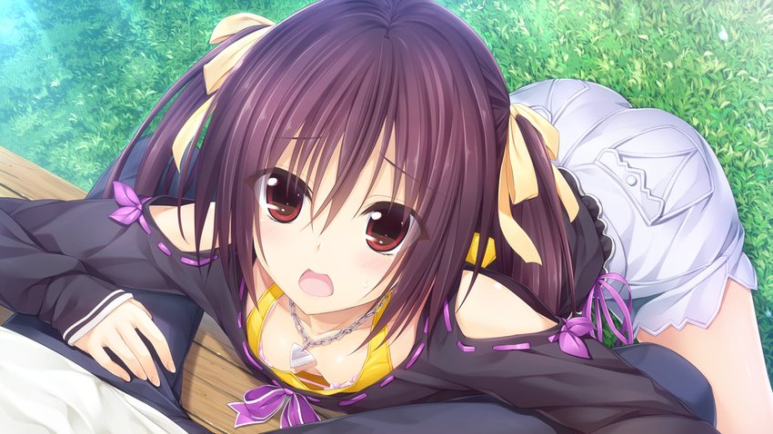 asagiri_sakura bench black_hair bra breasts casual chain chain_necklace downblouse game_cg grass hair_ribbon jewelry necklace open_mouth oryou pink_bra pov pretty_x_cation red_eyes ribbon ribbon-trimmed_clothes ribbon_trim small_breasts solo_focus twintails underwear