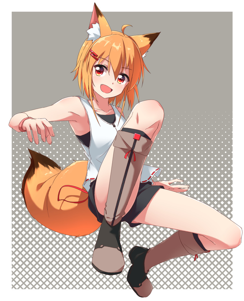 1girl :d ahoge animal_ear_fluff animal_ears bangs bare_legs bare_shoulders black_legwear black_shorts boots brown_footwear collarbone commentary_request eyebrows_visible_through_hair fang fingernails fox_ears fox_girl fox_tail hair_between_eyes hair_ornament hairclip head_tilt highres knee_boots kneehighs looking_at_viewer minowa_sukyaru open_mouth orange_hair original red_eyes red_ribbon ribbon ribbon_trim short_shorts shorts smile solo tail tank_top white_tank_top