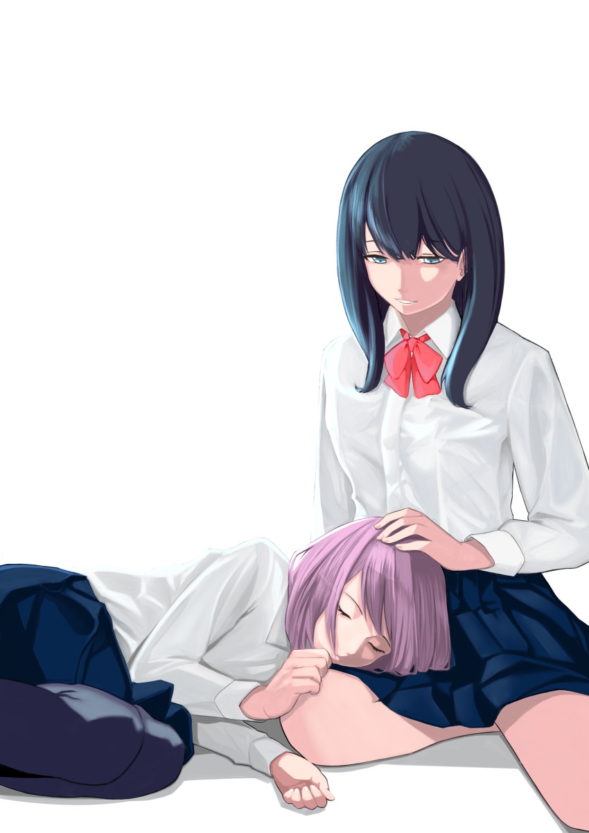 2girls absurdres aqua_eyes arm_support black_hair blue_legwear blue_skirt curled_fingers dress_shirt feet_out_of_frame fetal_position folded_leg hair_between_eyes hand_on_another's_head hand_on_another's_knee highres hsubo lap_pillow lavender_hair looking_at_another medium_hair multiple_girls outstretched_leg pantyhose parted_lips red_neckwear shadow shinjou_akane shirt short_hair simple_background skirt sleeping ssss.gridman takarada_rikka white_background white_shirt