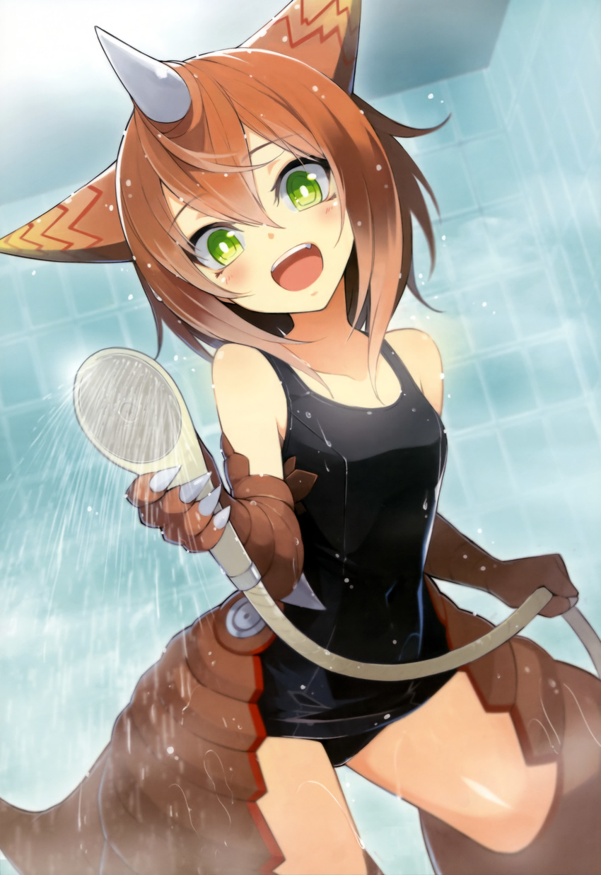 :d absurdres artist_request bathing bathroom brown_hair claws gomora green_eyes highres horns non-web_source nyantype official_art one-piece_swimsuit open_mouth scan school_swimsuit shower_head showering smile swimsuit ultra_series ultraman_(1st_series) water wet wet_clothes