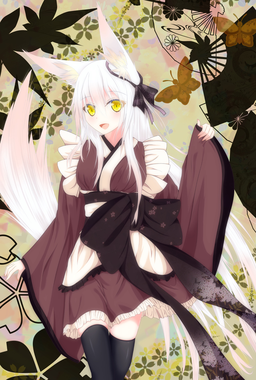 :d animal_ears bow bug butterfly ear_ribbon fan floral_background folding_fan fox_ears fox_tail frilled_kimono frills highres insect japanese_clothes kimono leaf leaf_background long_hair nagishiro_mito obi open_mouth original sash smile tail thighhighs very_long_hair white_hair yellow_eyes zettai_ryouiki
