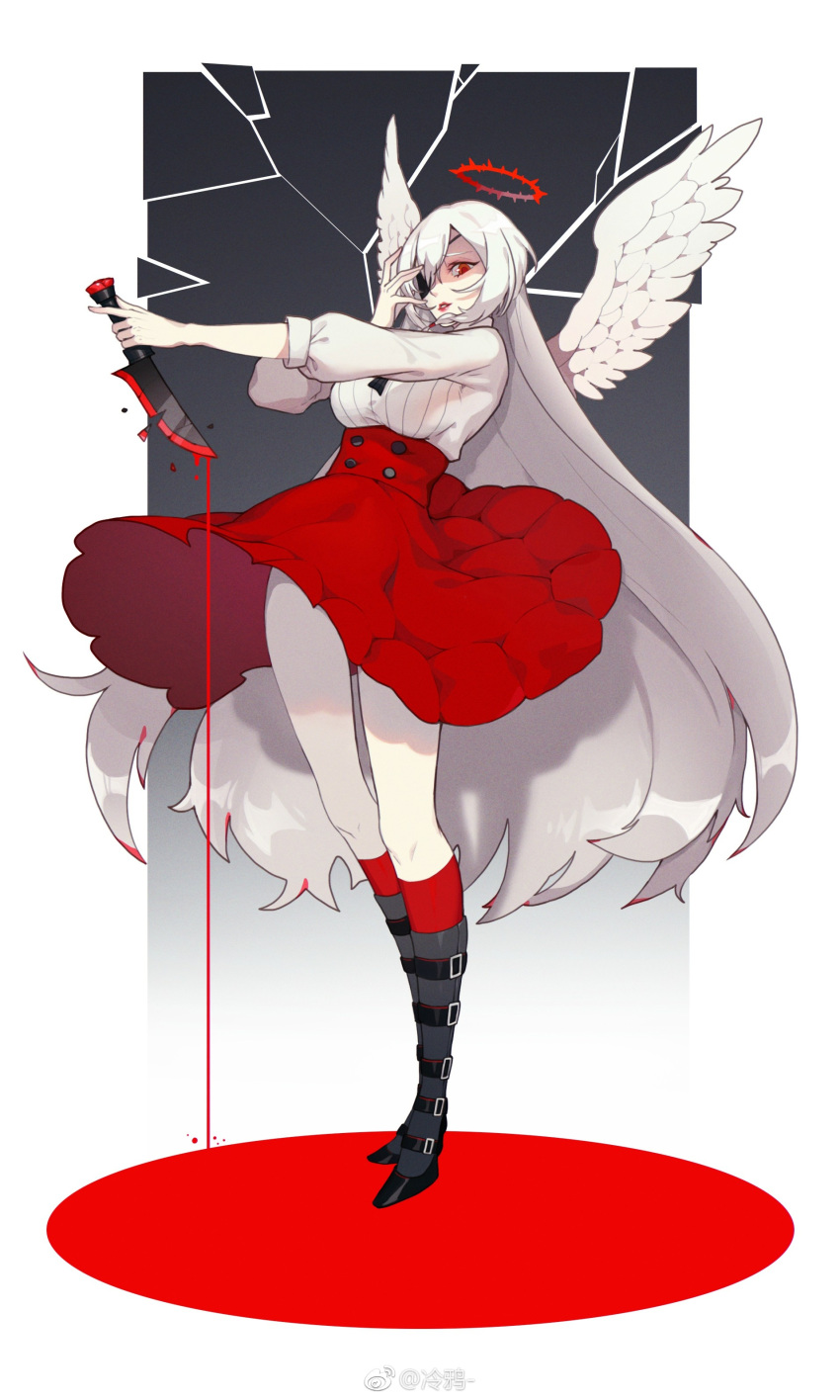 1girl absurdres angel_wings belt_boots belt_buckle blood bloody_hair bloody_knife boots broken broken_glass broken_weapon buckle buttons cold_weather crack dress eyepatch flower glass halo high_heels highres holding holding_knife holding_weapon knife long_hair original pool_of_blood red_dress red_eyes red_legwear red_lips rose solo standing thighhighs thorns weapon white_hair wings