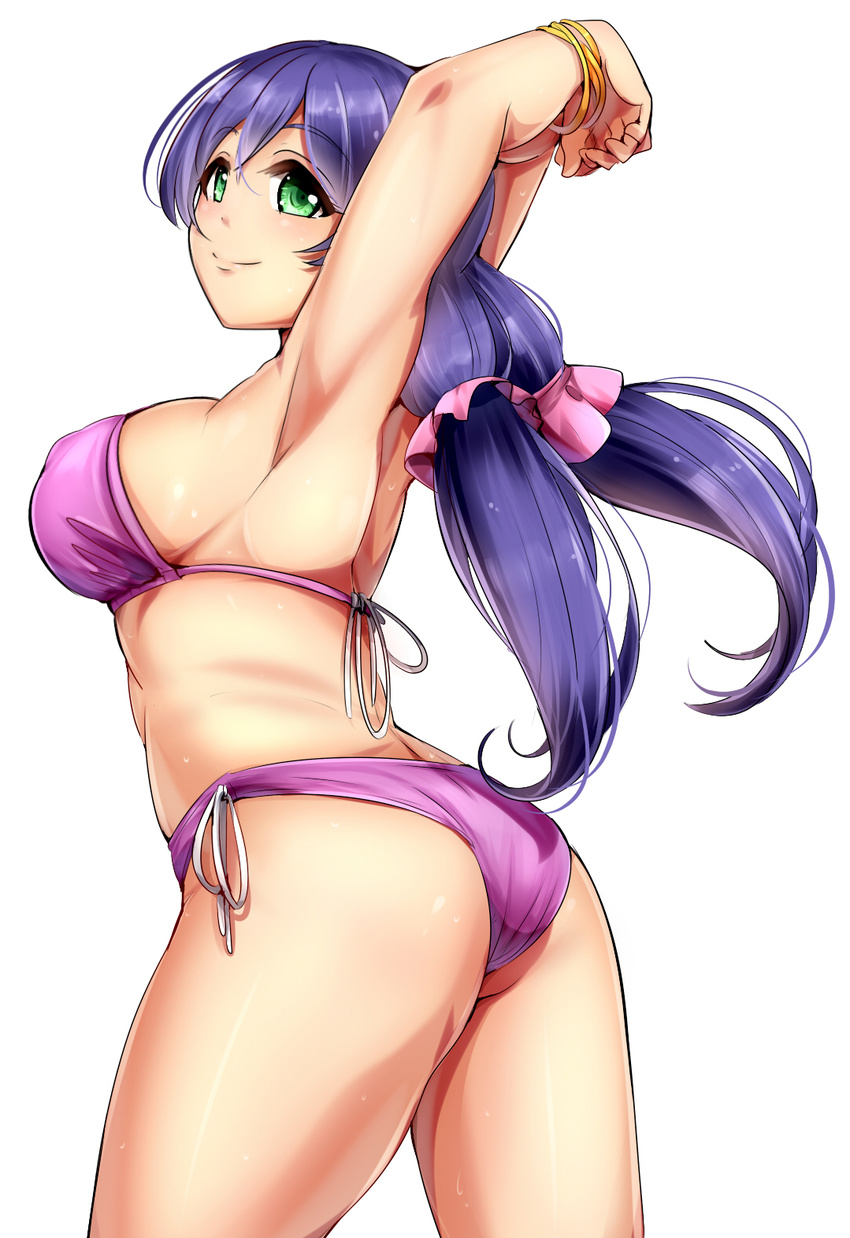 armpits arms_up ass bangle bikini blush bracelet breasts green_eyes highres jewelry large_breasts long_hair looking_at_viewer love_live! love_live!_school_idol_project low_twintails pink_scrunchie purple_bikini purple_hair scrunchie side-tie_bikini simple_background smile solo swimsuit toujou_nozomi twintails umakatsuhai white_background