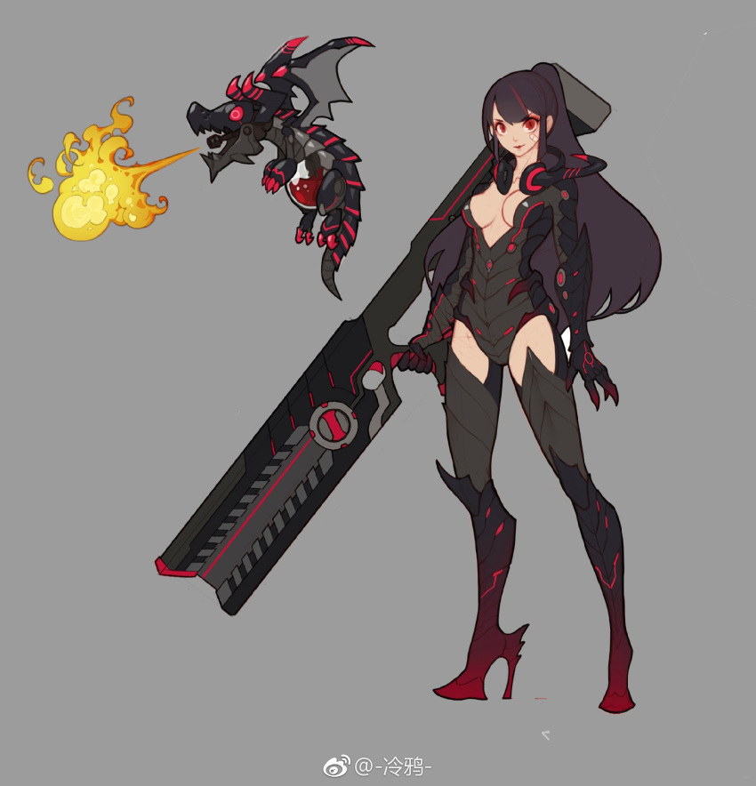 1girl bandaid bandaid_on_face bangs black_hair breathing_fire claws cold_weather dragon eyebrows_visible_through_hair fire flamethrower flying grey_background gun headphones headphones_around_neck high_heels highlights highres holding holding_gun holding_weapon horns liquid long_hair makeup mascara mecha mechanical_dragon multicolored_hair original ponytail red_eyes red_lips scar scratches see-through simple_background slit_pupils smile spikes standing tail vambraces weapon wings