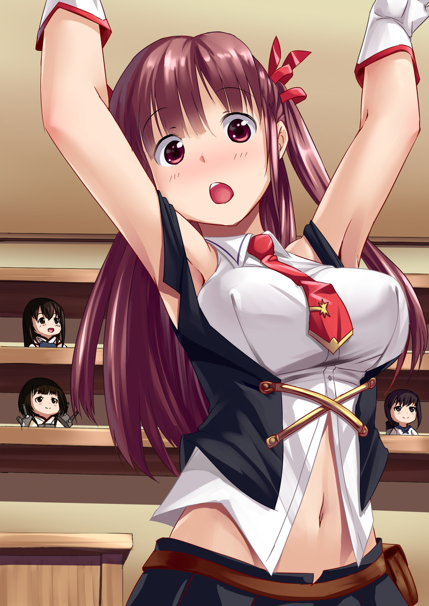 akagi_(kantai_collection) armpits arms_up belt blush breasts character_doll company_connection crossover dyda fubuki_(kantai_collection) gloves hair_ribbon highres hyuuga_(kantai_collection) kantai_collection large_breasts long_hair looking_at_viewer navel open_mouth puzzle_&amp;_dolls red_eyes red_hair ribbon skirt solo twintails vest yuzuriha_(puzzle_&amp;_dolls)