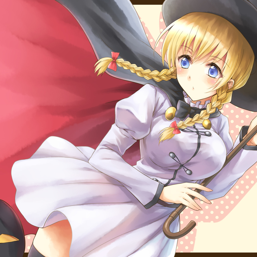 blonde_hair blue_eyes blush braid breasts cane cape hair_ribbon hat highres kenzen_robo_daimidaler large_breasts polka_dot ribbon rikantsu_seabury skirt solo thighhighs top_hat yakusa zettai_ryouiki