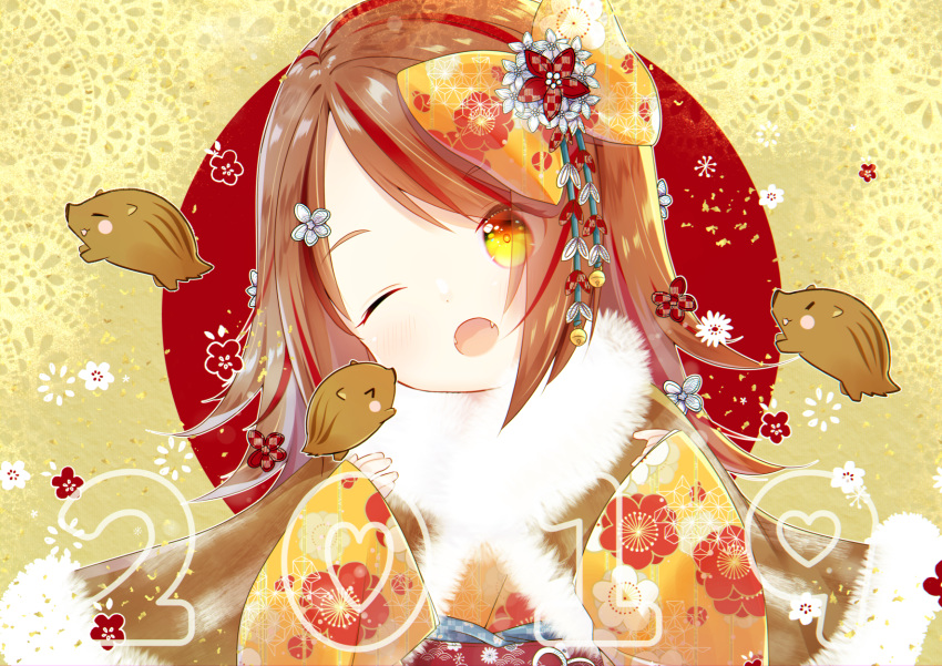 &gt;_&lt; 1girl 2019 ;o animal bell blush blush_stickers boar bow brown_hair chinese_zodiac commentary_request eyes_closed fangs floral_print fur_collar hair_bow hair_ornament hand_up head_tilt heart highres japanese_clothes jingle_bell kimono kuma_no_yume long_hair long_sleeves one_eye_closed open_mouth original print_kimono sleeves_past_wrists solo upper_body year_of_the_pig yellow_bow yellow_eyes yellow_kimono
