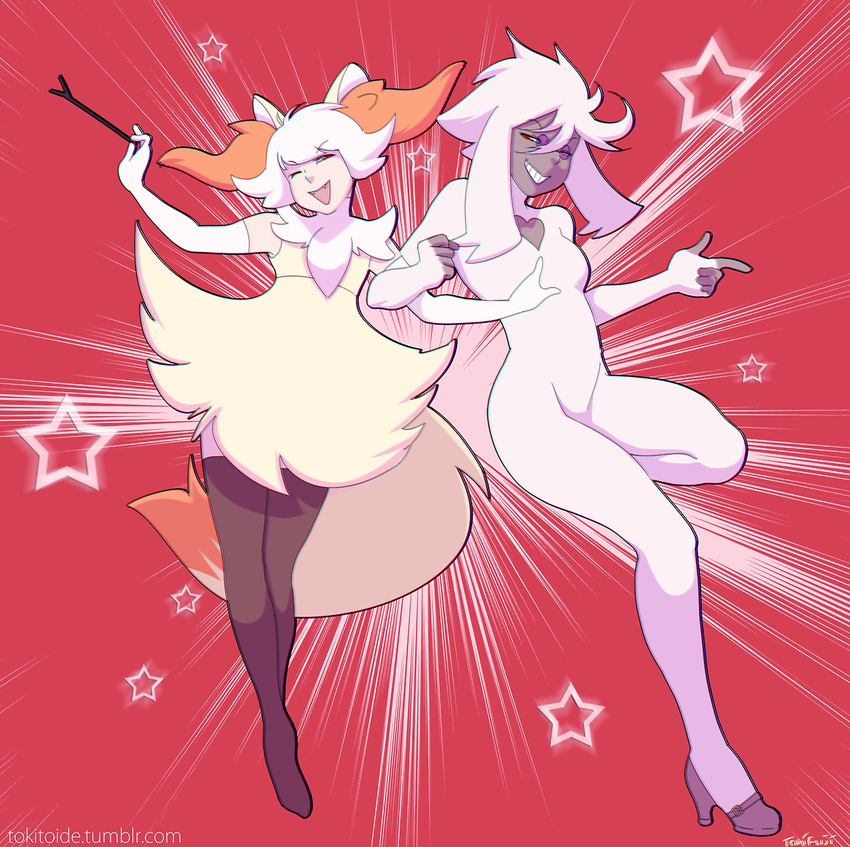abstract_background anthro arm_in_arm arm_warmers braixen breasts canine clothed clothing dog duo female fennec fox fur furfrou hair legwear mammal nintendo nude one_eye_closed pointing pok&#233;mon pok&#233;morph pok&eacute;mon pok&eacute;morph shoes smile star stick stockings tokifuji video_games wand white_fur white_hair wink