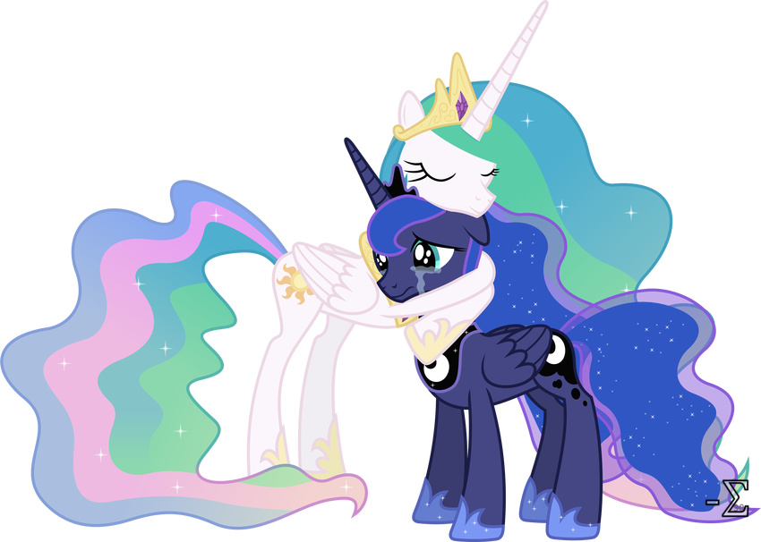 absurd_res absurdly_absurd_res alpha_channel blue_eyes blue_fur blue_hair crying cutie_mark duo equine eyes_closed female feral friendship_is_magic fur hair hi_res horn horse hug mammal multi-colored_hair my_little_pony plain_background pony princess_celestia_(mlp) princess_luna_(mlp) royalty tears transparent_background two_tone_hair white_fur winged_unicorn wings