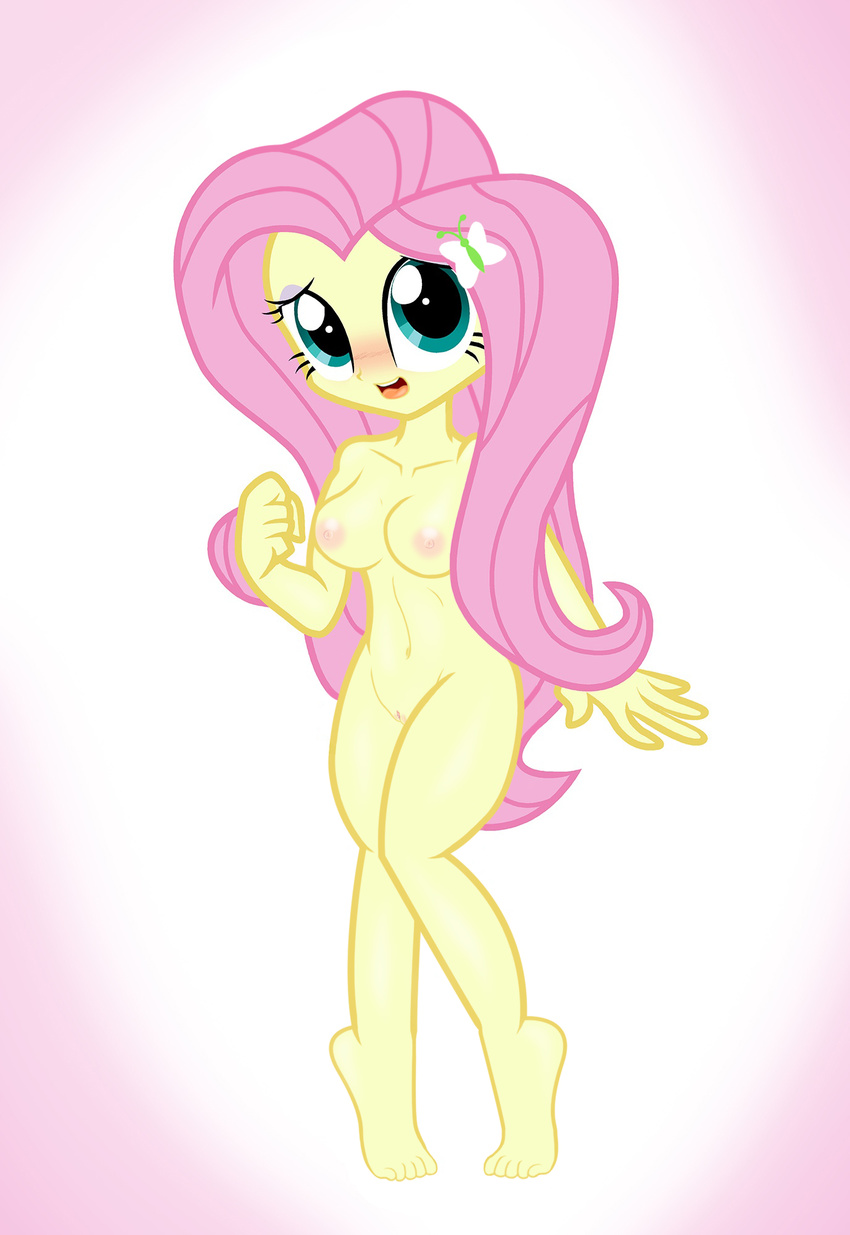 breasts datphotoshopdoeee! edit equestria_girls female fluttershy_(eg) green_eyes hair hands human looking_at_viewer mammal my_little_pony nude pink_hair pussy pyruvate simple_background solo vaginal