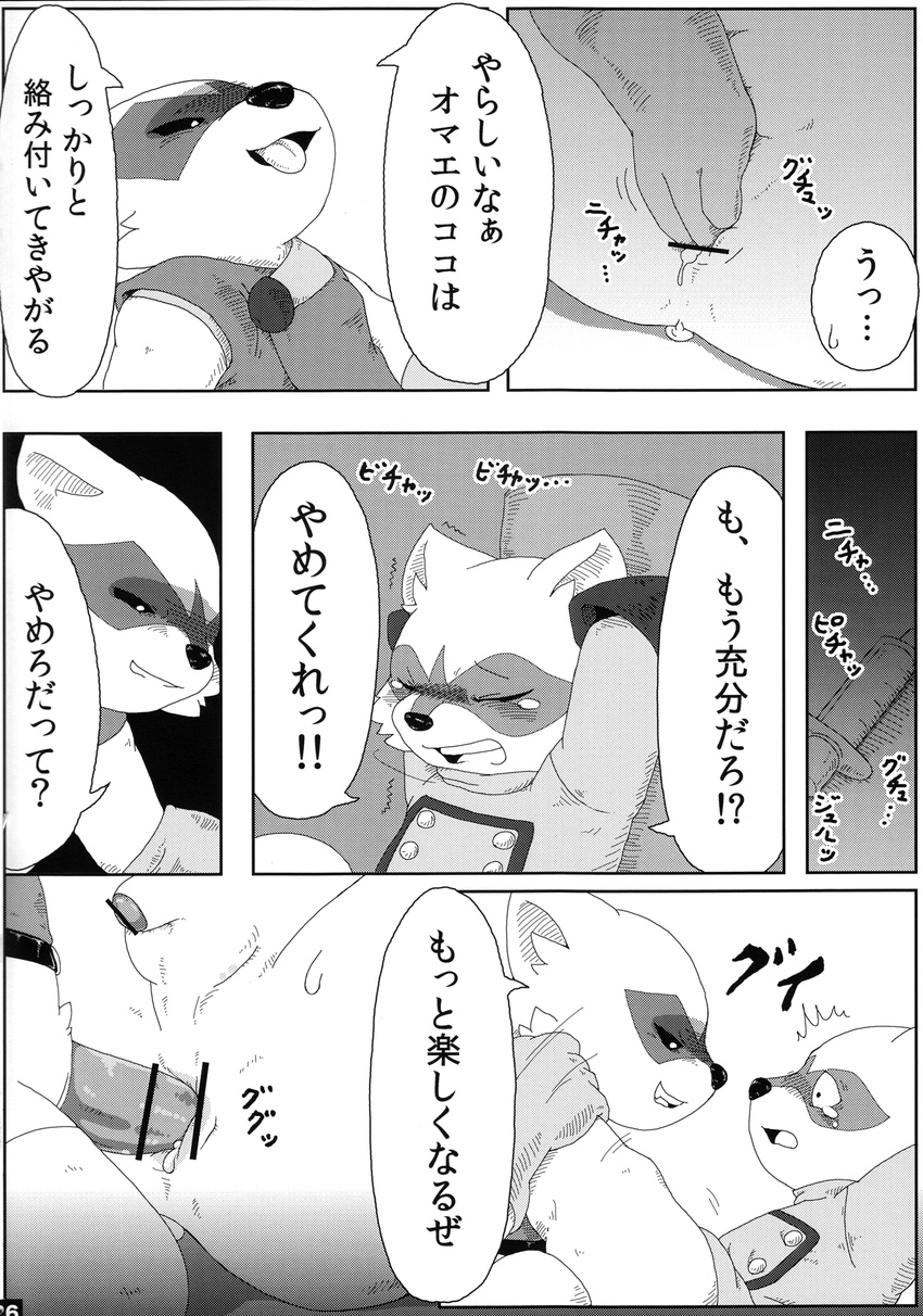 balls black_and_white bound clothing comic dialog fingering flaccid gay greyscale male mammal monochrome penis raccoon rocket_raccoon tears text translation_request