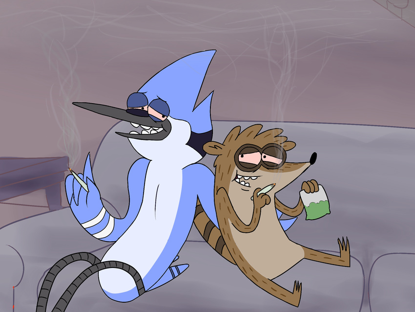 anthro avian bird blue_jay drugs duo friends high male mammal marijuana mordecai paintfox raccon regular_show rigby sofa teeth