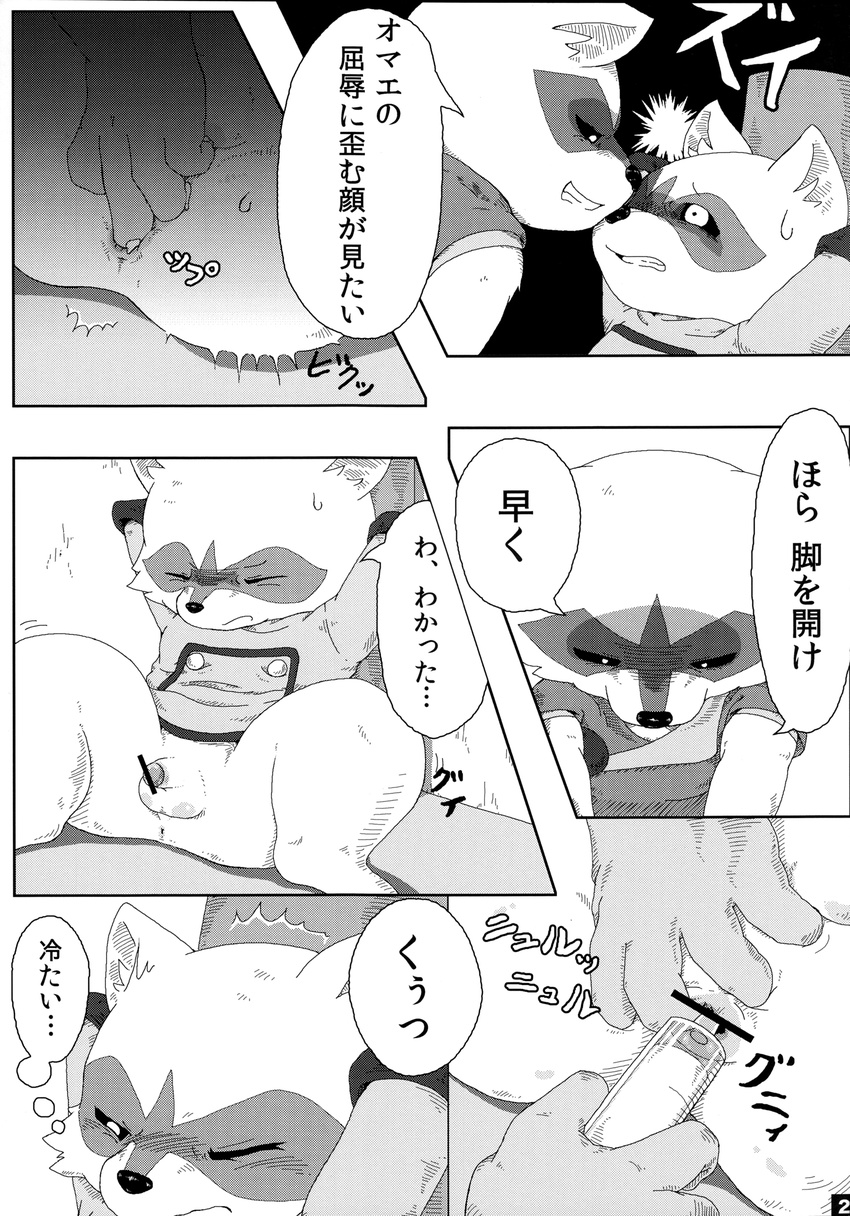 balls black_and_white bound clothing comic dialog fingering flaccid gay greyscale male mammal monochrome needle penis raccoon rocket_raccoon text translation_request