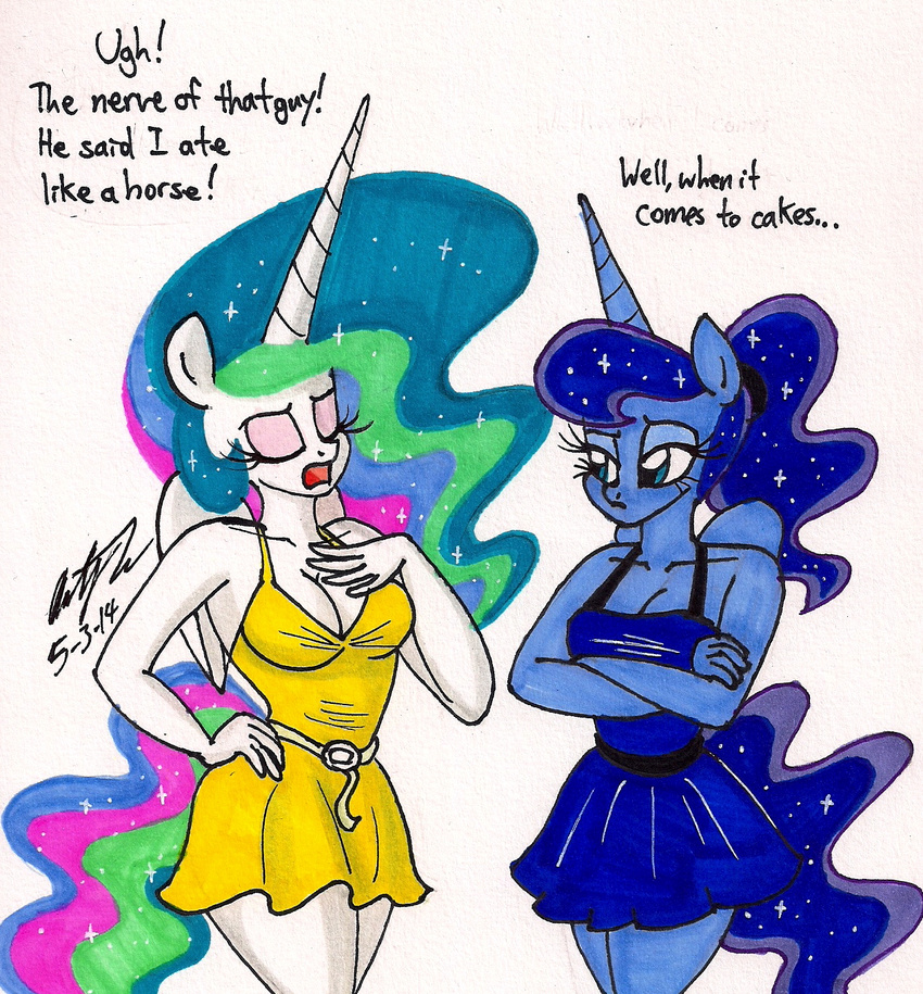 anthro anthrofied blue_eyes blue_hair breasts cleavage clothed clothing crossed_arms dialog dress duo english_text english_txt equine eyes_closed female friendship_is_magic hair horn mammal multi-colored_hair my_little_pony newyorkx3 ponytail princess_celestia_(mlp) princess_luna_(mlp) sibling sisters sparkles standing text winged_unicorn wings