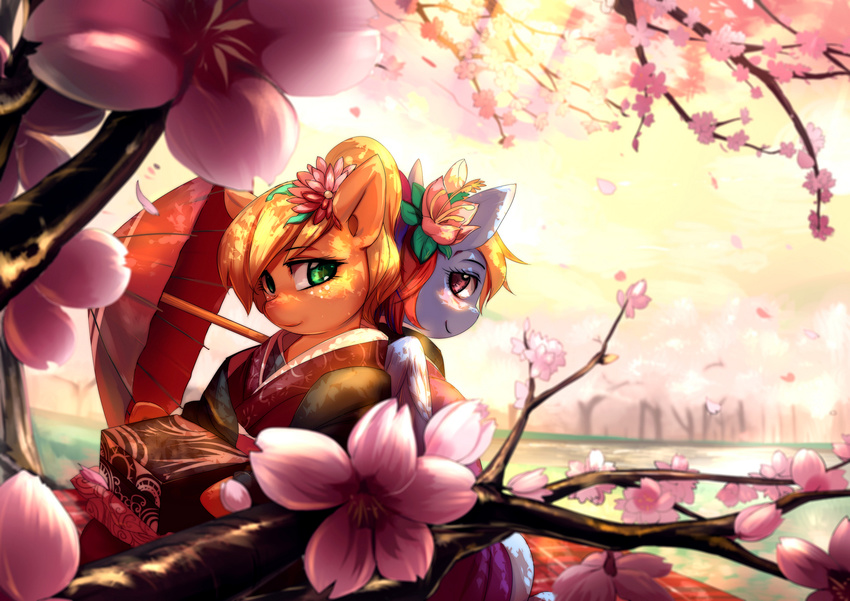 applejack_(mlp) back_to_back bakki blonde_hair blue_fur cute duo equine female flower freckles friendship_is_magic fur green_eyes hair horse japanese_clothing kimono looking_at_viewer mammal multi-colored_hair my_little_pony orange_fur pegasus pony purple_eyes rainbow_dash_(mlp) rainbow_hair river sakura smile umbrella wallpaper wings