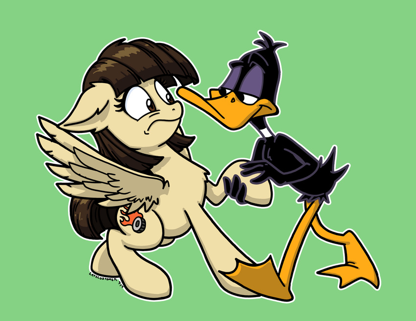 brown_eyes brown_hair cutie_mark daffy_duck duo equine female friendship_is_magic hair latecustomer looney_tunes male mammal my_little_pony pegasus warner_brothers wild_fire_(mlp) wings