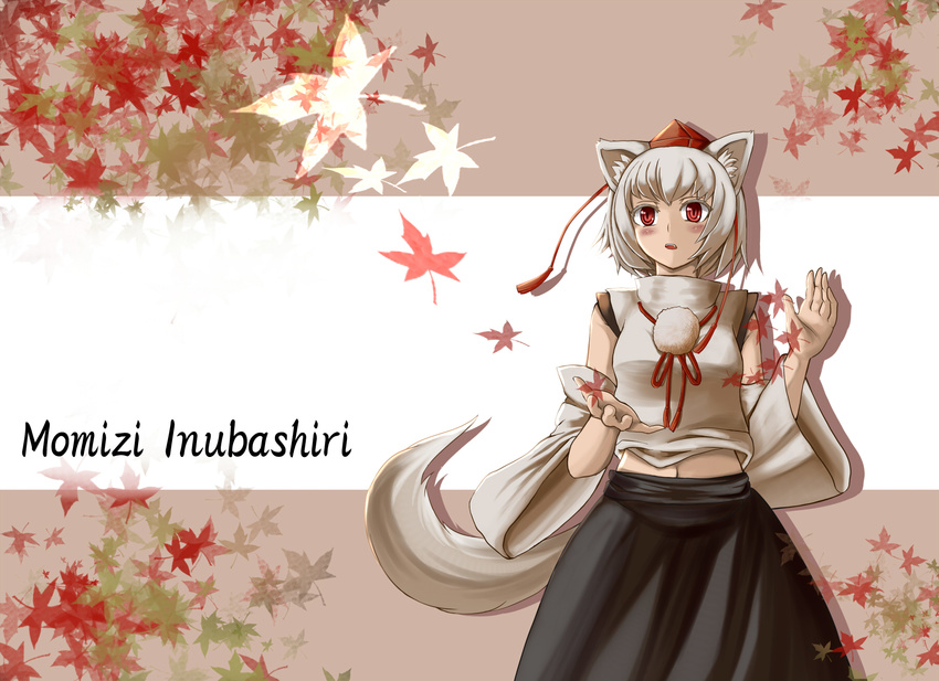 animal_ears autumn_leaves bare_shoulders blush breasts character_name detached_sleeves fang hat highres inubashiri_momiji kunreishiki leaf looking_up max_(maximax) medium_breasts midriff navel open_mouth pom_pom_(clothes) red_eyes shirt short_hair silver_hair solo tail tokin_hat touhou white_shirt wolf_ears wolf_tail