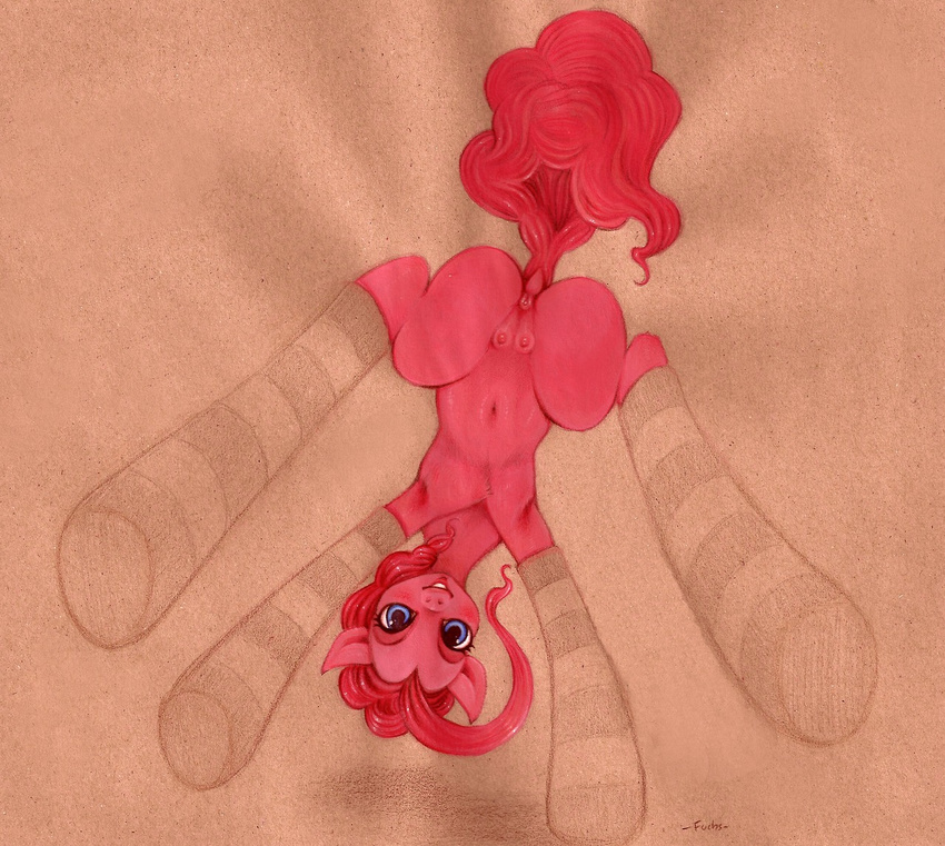 chest_tuft equine female feral friendship_is_magic from_above fuchs fur hair horse legwear lying mammal my_little_pony navel on_back pink_fur pink_hair pinkie_pie_(mlp) pony pussy smile solo spread_legs spreading stockings teats tuft