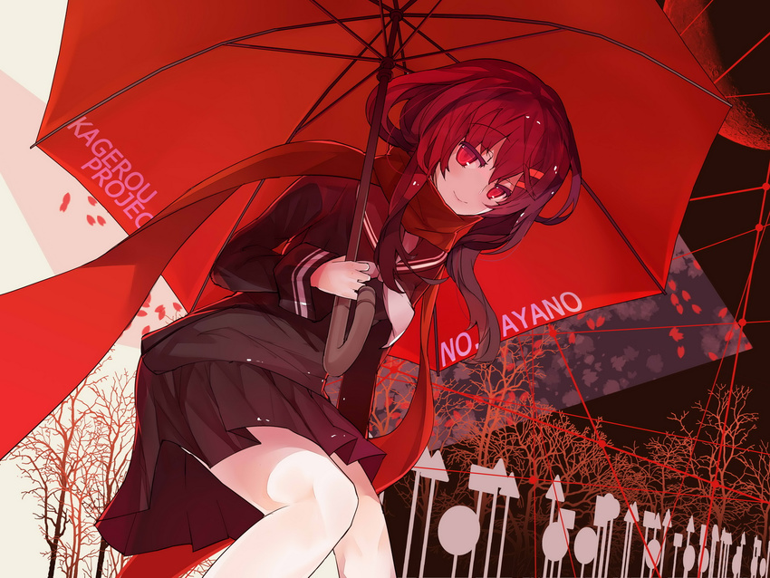 kagerou_project long_hair rain_lan red_eyes red_hair scarf seifuku skirt tateyama_ayano umbrella