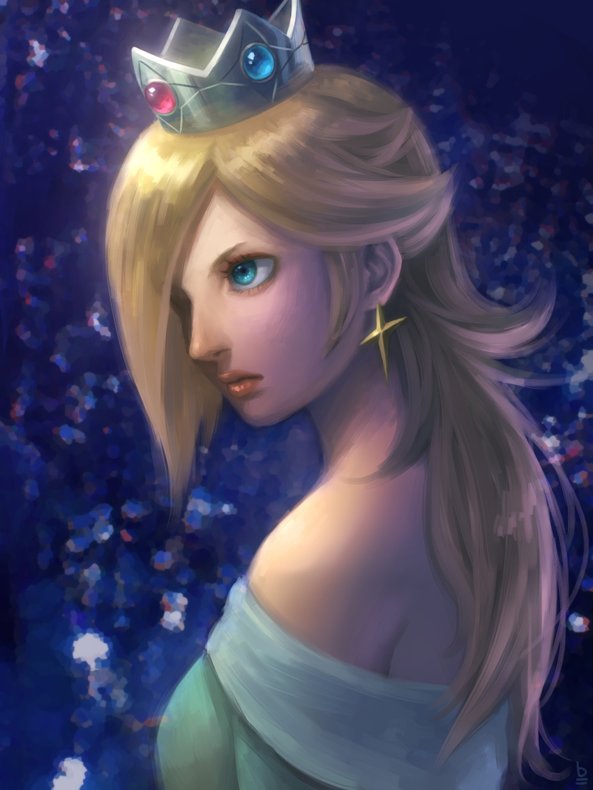 bare_shoulders bellhenge blonde_hair blue_eyes crown earrings hair_over_one_eye highres jewelry long_hair mario_(series) md5_mismatch resized rosetta_(mario) solo super_mario_bros. super_mario_galaxy upper_body upscaled