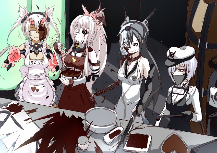 apron bare_shoulders black_hair breasts chocolate cooking cyborg dark_persona elbow_gloves female_abyssal_admiral_(kantai_collection) glasses gloves hat headgear highres kantai_collection long_hair maid_apron medium_breasts multicolored_hair multiple_girls musashi_(kantai_collection) nagato_(kantai_collection) ogawa_shou ponytail shinkaisei-kan twintails two-tone_hair valentine yamato_(kantai_collection)