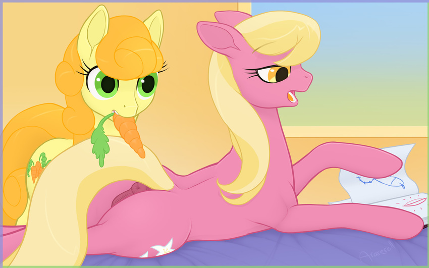 anus arareroll bed book carrot carrot_top_(mlp) duo equine female feral food friendship_is_magic horse lesbian lily_(mlp) mammal my_little_pony pony pussy