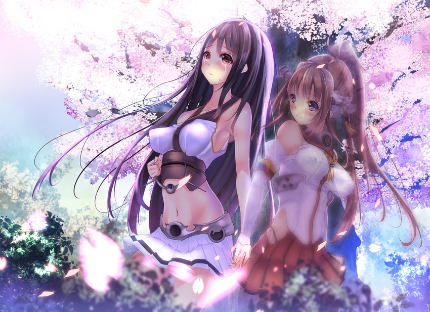 bad_anatomy bare_shoulders belt black_hair blurry blush breasts brown_hair bush cherry_blossoms choker cowboy_shot crying crying_with_eyes_open depth_of_field detached_sleeves fukuda_shuushi ghost hairband headgear headwear_removed highres hip_vent holding_hands kantai_collection large_breasts leaf long_hair looking_back miniskirt multiple_girls nagato_(kantai_collection) petals plant pleated_skirt ponytail purple_eyes red_eyes skirt smile tareme tears tree white_skirt yamato_(kantai_collection)