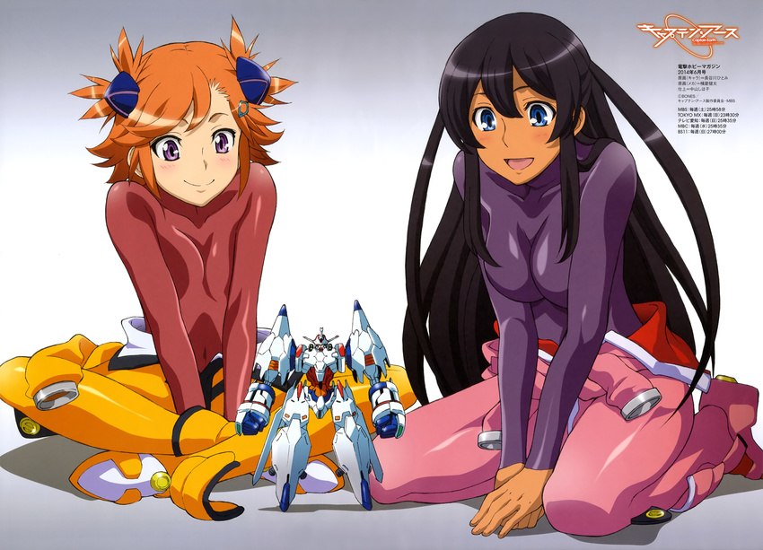 :d absurdres black_hair blue_eyes blush bodysuit breasts captain_earth covered_navel dark_skin earth_engine_impacter hair_ornament hasegawa_hitomi highres indian_style long_hair medium_breasts multiple_girls mutou_hana official_art open_mouth orange_hair pink_bodysuit purple_eyes scan seiza shiny shiny_clothes short_hair sitting skin_tight small_breasts smile two_side_up yomatsuri_akari