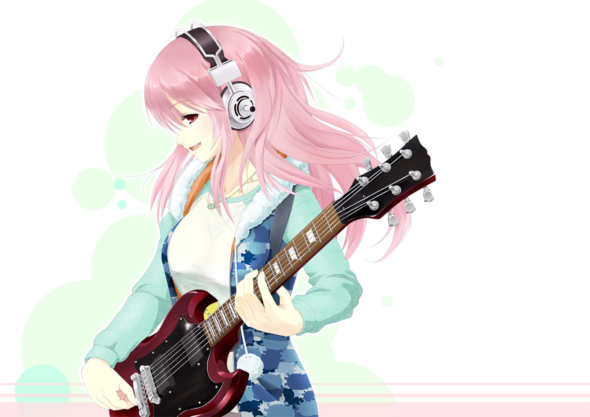 breasts guitar headphones instrument large_breasts long_hair looking_at_viewer music nitroplus open_mouth pink_hair playing_instrument pom_pom_(clothes) red_eyes smile solo super_sonico zoom_(artist)