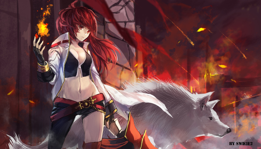 animal asymmetrical_legwear bad_id bad_pixiv_id blazing_heart_(elsword) breasts cleavage elesis_(elsword) elsword fingerless_gloves fire gloves groin highres jacket long_hair medium_breasts midriff navel red_hair solo swd3e2 wolf