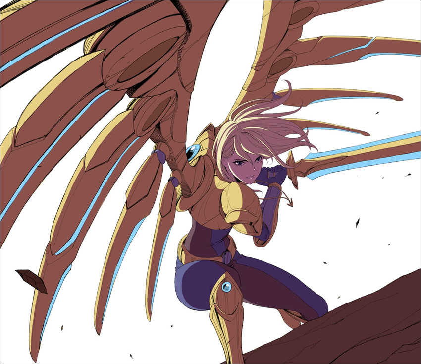 aether_wing_kayle alternate_costume armor blonde_hair blue_eyes bodysuit boots fighting_stance gloves holding holding_weapon ieung-isegae kayle league_of_legends long_hair mechanical_wings one_knee solo sword weapon white_background wings