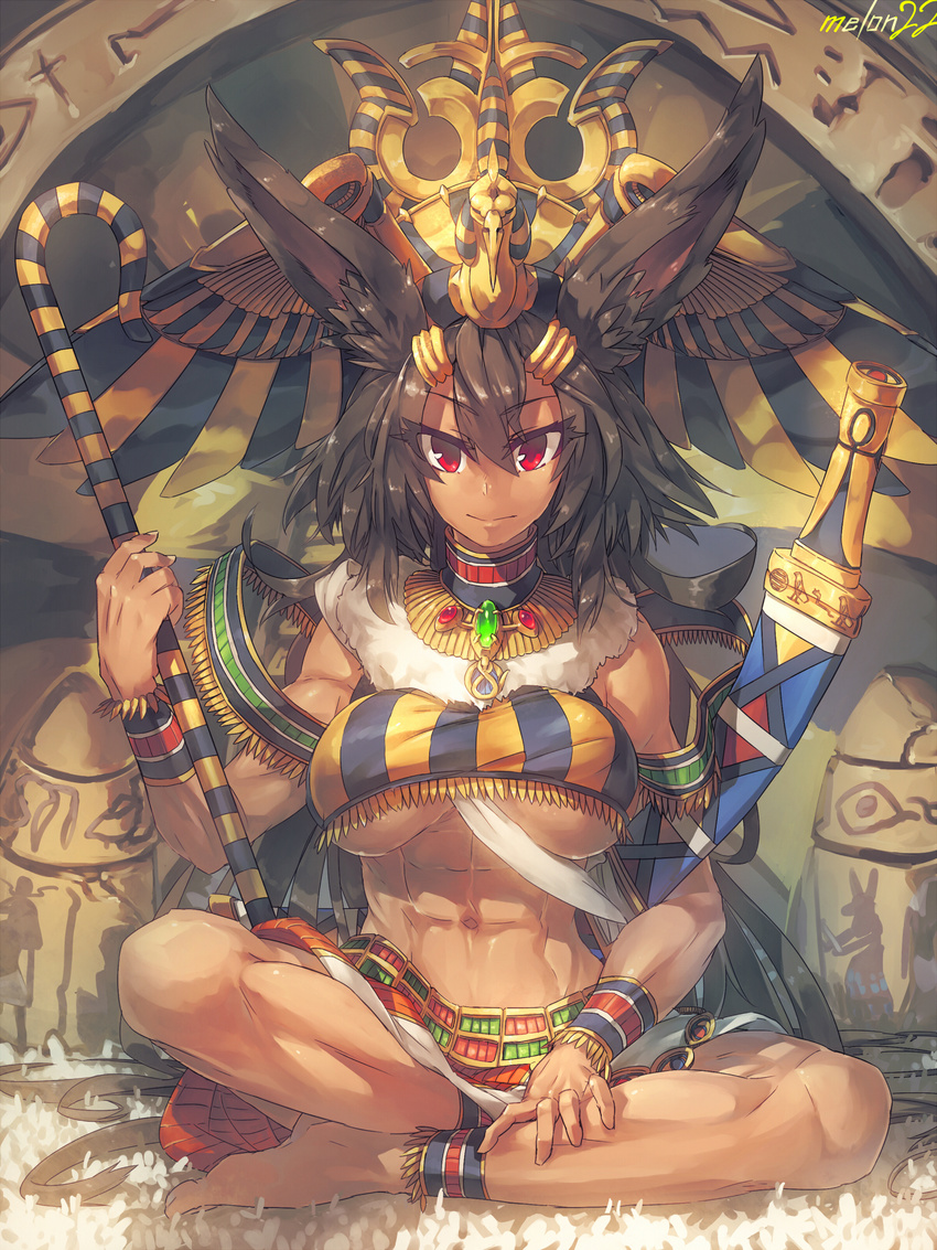 abs animal_ears ankle_garter anklet artist_name barefoot black_hair breasts dark_skin egyptian hat highres indian_style jewelry khufu large_breasts long_hair looking_at_viewer melon22 navel original red_eyes sengoku_collection sitting solo staff sword underboob very_long_hair weapon wrist_cuffs