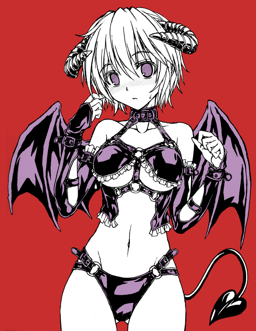 a4typhoon blush bondage_outfit breasts collar cuffs demon_girl demon_horns demon_tail demon_wings highres horns looking_at_viewer medium_breasts navel original partially_colored purple_eyes short_hair solo tail underboob wings