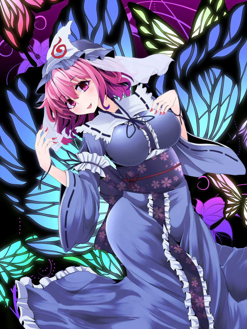 blue_dress blush breasts bug butterfly dress fingernails frills hat highres insect japanese_clothes kimono large_breasts long_sleeves looking_at_viewer nail_polish open_mouth pink_eyes pink_hair pink_nails rihito_(usazukin) saigyouji_yuyuko sharp_fingernails short_hair smile solo touhou