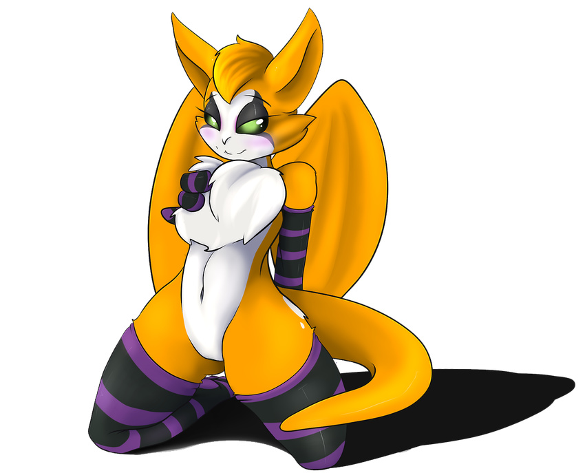 anthro black_sclera chest_tuft dust:_an_elysian_tail female fidget fur gloves green_eyes kneeling legwear looking_at_viewer nimbat pinup plain_background pose seductive solo synad thigh_highs tuft video_games wings