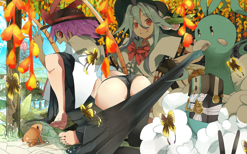 altaria ass barefoot black_panties blue_hair bow bug butterfly commentary_request daikoku_osamu fingerless_gloves flower frog gen_3_pokemon gloves hat hat_bow highres hinanawi_tenshi insect long_hair looking_at_viewer multiple_girls nagae_iku open_mouth panties pokemon pokemon_(creature) purple_hair red_eyes short_hair skirt skirt_pull smile touhou underwear