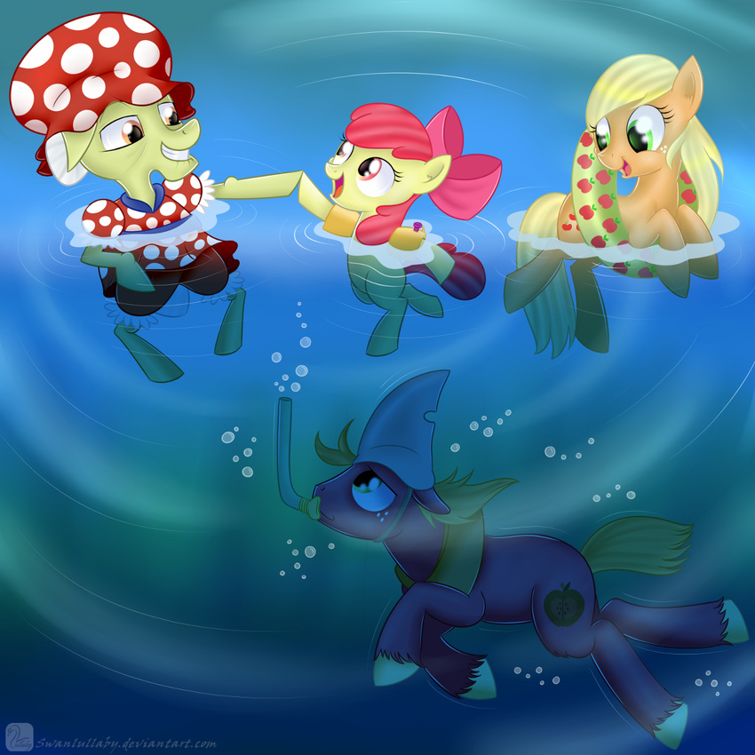 amber_eyes apple_bloom_(mlp) applejack_(mlp) big_macintosh_(mlp) blonde_hair bow bubble clothing cutie_mark equine female freckles friendship_is_magic granny_smith_(mlp) green_eyes grey_hair group hair high_five horse inflatable_ring male mammal my_little_pony pony red_hair shark_fin snorkel swanlullaby swimming swimsuit two_tone_hair underwater water white_hair