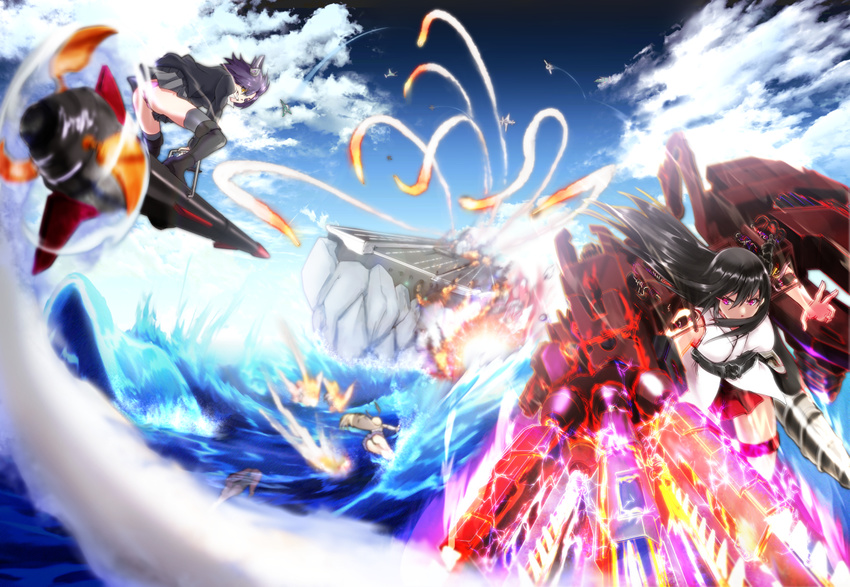 armored_core_5 ass big.g black_hair blonde_hair blue_sky character_request cloud condensation_trail day fusou_(kantai_collection) grind_blade hair_ornament headgear horizon kantai_collection long_hair machinery multiple_girls ocean outdoors purple_eyes shimakaze_(kantai_collection) skirt sky slashing splashing tenryuu_(kantai_collection) ultimate_weapon_(armored_core) water