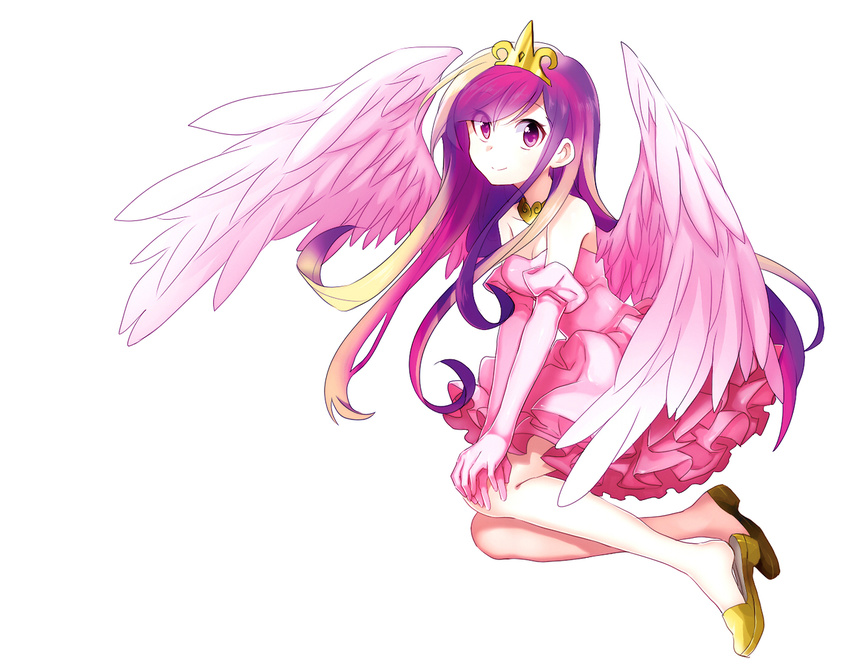 1girl crown dress feathered_wings gloves long_hair looking_at_viewer megarexetera multicolored_hair my_little_pony my_little_pony_friendship_is_magic personification pink_dress pink_gloves princess_mi_amore_cadenza purple_eyes rex_k shoe_dangle shoes smile solo strapless_dress white_background wings
